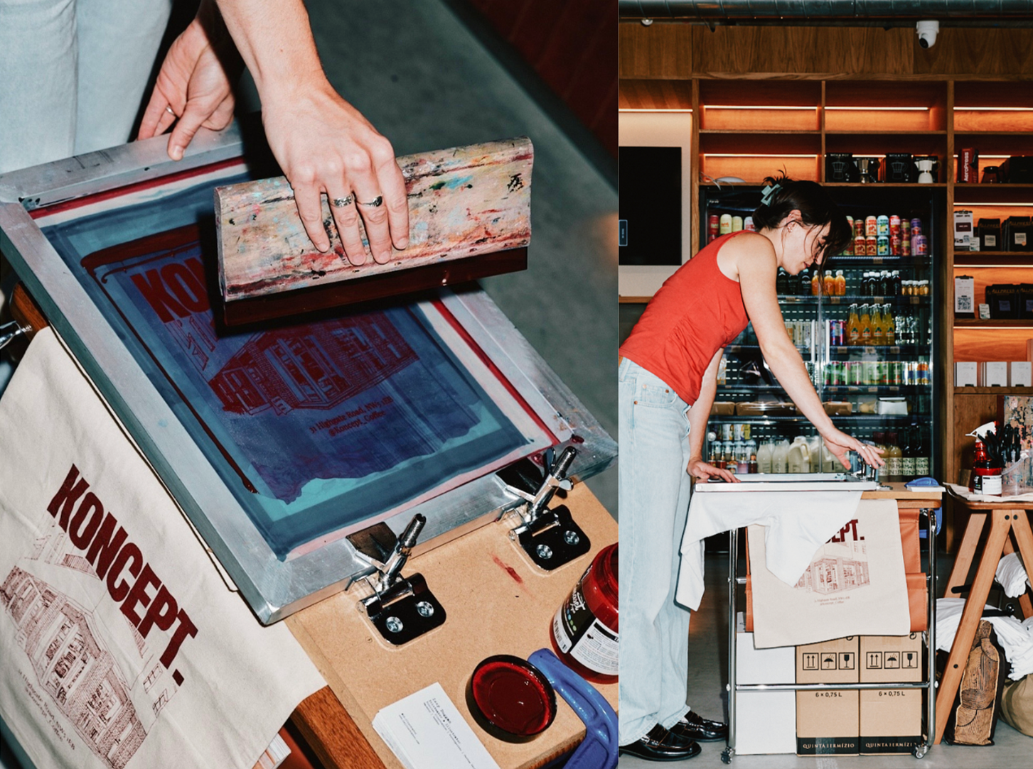 Koncept Coffee merchandise and live print work